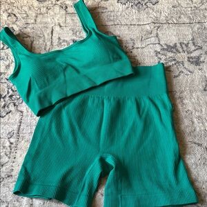 Green Ribbed Women's Shorts Set